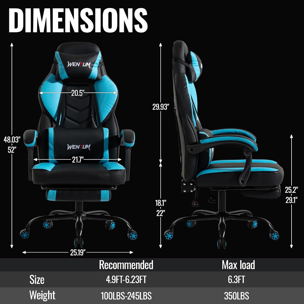 Massage Gaming Chair, Big and Tall Computer Game Chair with Lumbar Support & Footrest, Breathable PU Leather Gamer Office Desk Chair with Adjustable Height and 360° Swivel Wide Seat, Blue