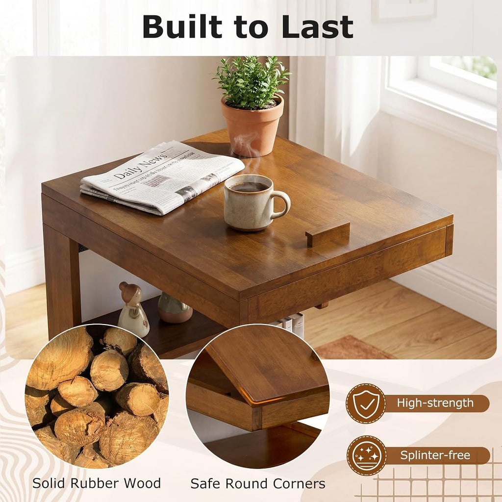 Giantex C-Shaped End Table with Wheels, Wooden Rolling Side Table w/Adjustable Desktop, Edge Stopper, Side Pocket & 3 Storage Shelves, Sofa Couch Bedside TV Tray for Living Room Bedroom (Brown,1)