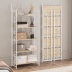 JSB 5 Tier Folding Bookshelf,Industrial Storage Shelves, No Assembly Vintage Wood Look Bookshelf with Storage Shelves for Living Room, Bedroom, Office (White)
