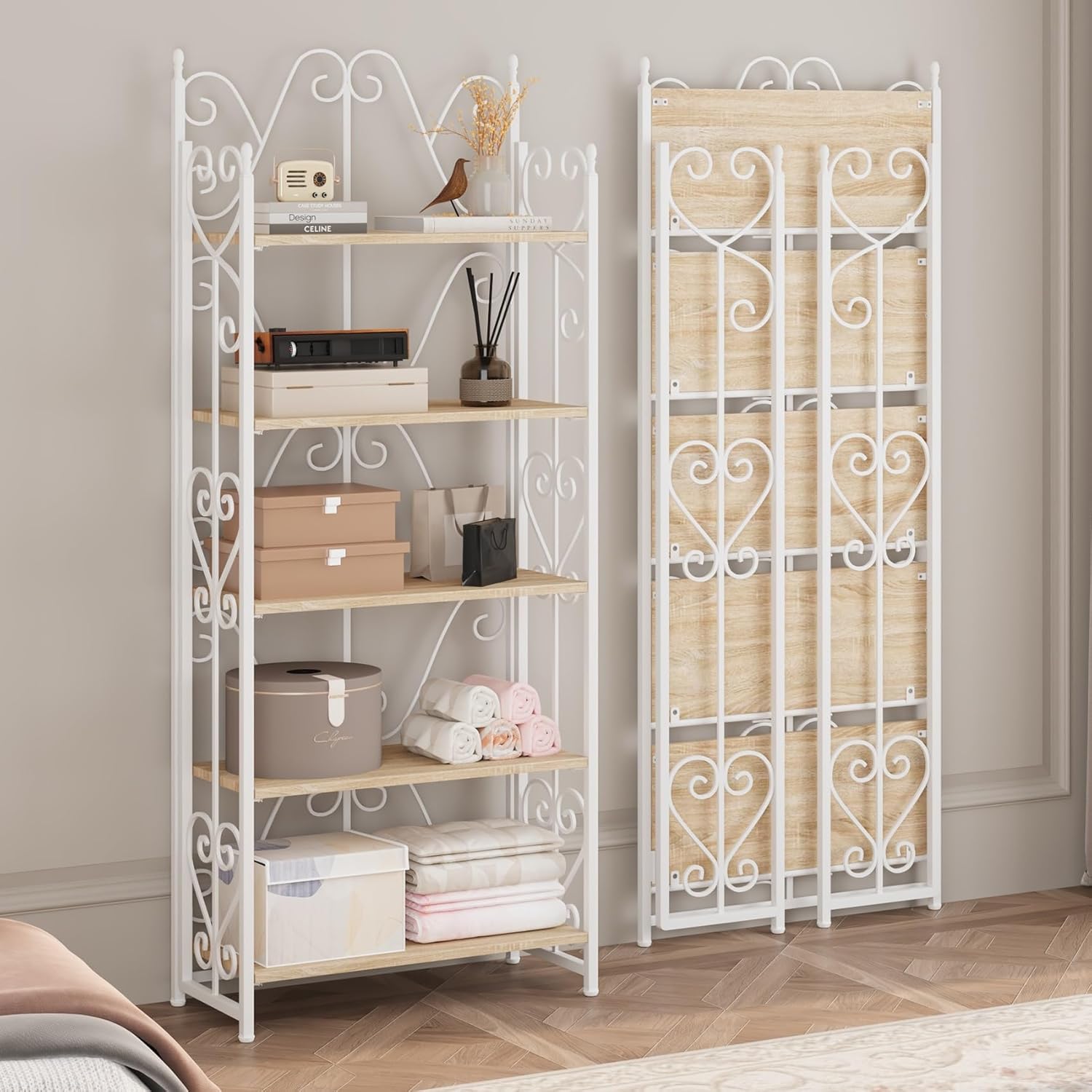 JSB 5 Tier Folding Bookshelf,Industrial Storage Shelves, No Assembly Vintage Wood Look Bookshelf with Storage Shelves for Living Room, Bedroom, Office (White)