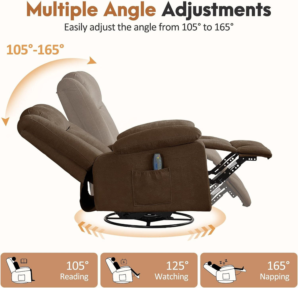 Korser Rocker Recliner Chair for Adults, 360° Swivel Rocker Recliner with Massage and Heating, Nursery Rocking Chairs with Side Pockets, Manual Reclining Chair for Living Room