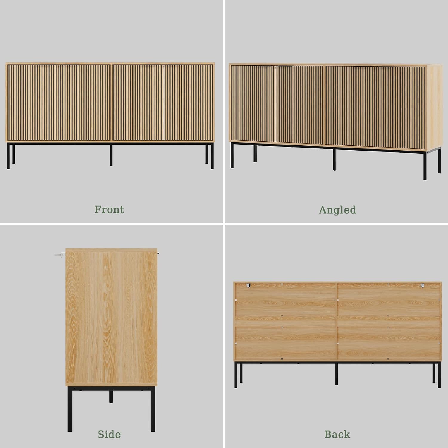 Sideboard Buffet Cabinet with 4 Doors, 63" Kitchen Accent Storage Cabinet with Adjustable Shelves, Square Tubular Steel Legs,Wood Sideboard Credenza for Kitchen Coffee Bar, Natural Wood