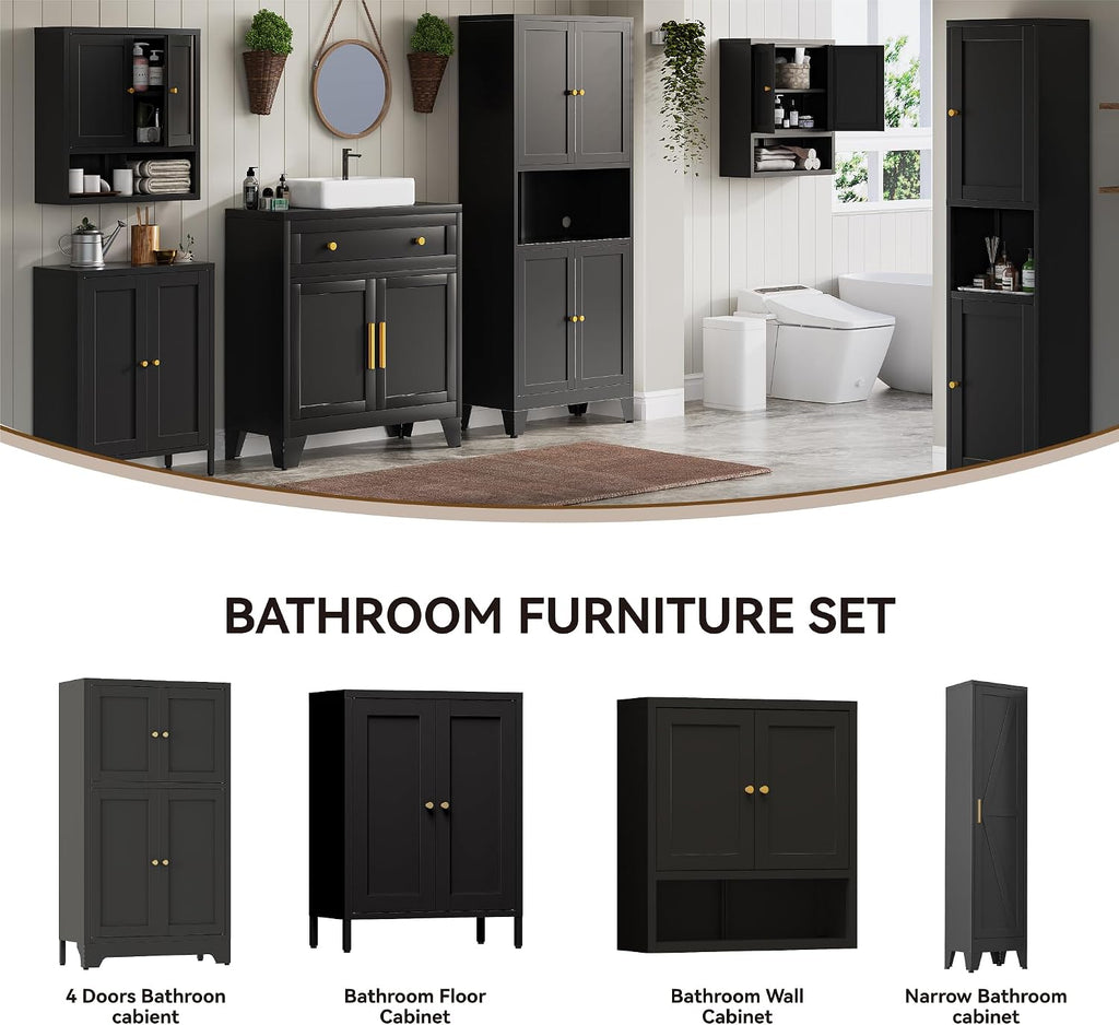 YAUWOH Small Metal Cabinet,Bathroom Storage Cabinet with 2 Adjustable Shelves and 2 Doors,Freestanding Sideboard for Small Spaces, Living Room, Home Office, Dining Room(1PC,Black)