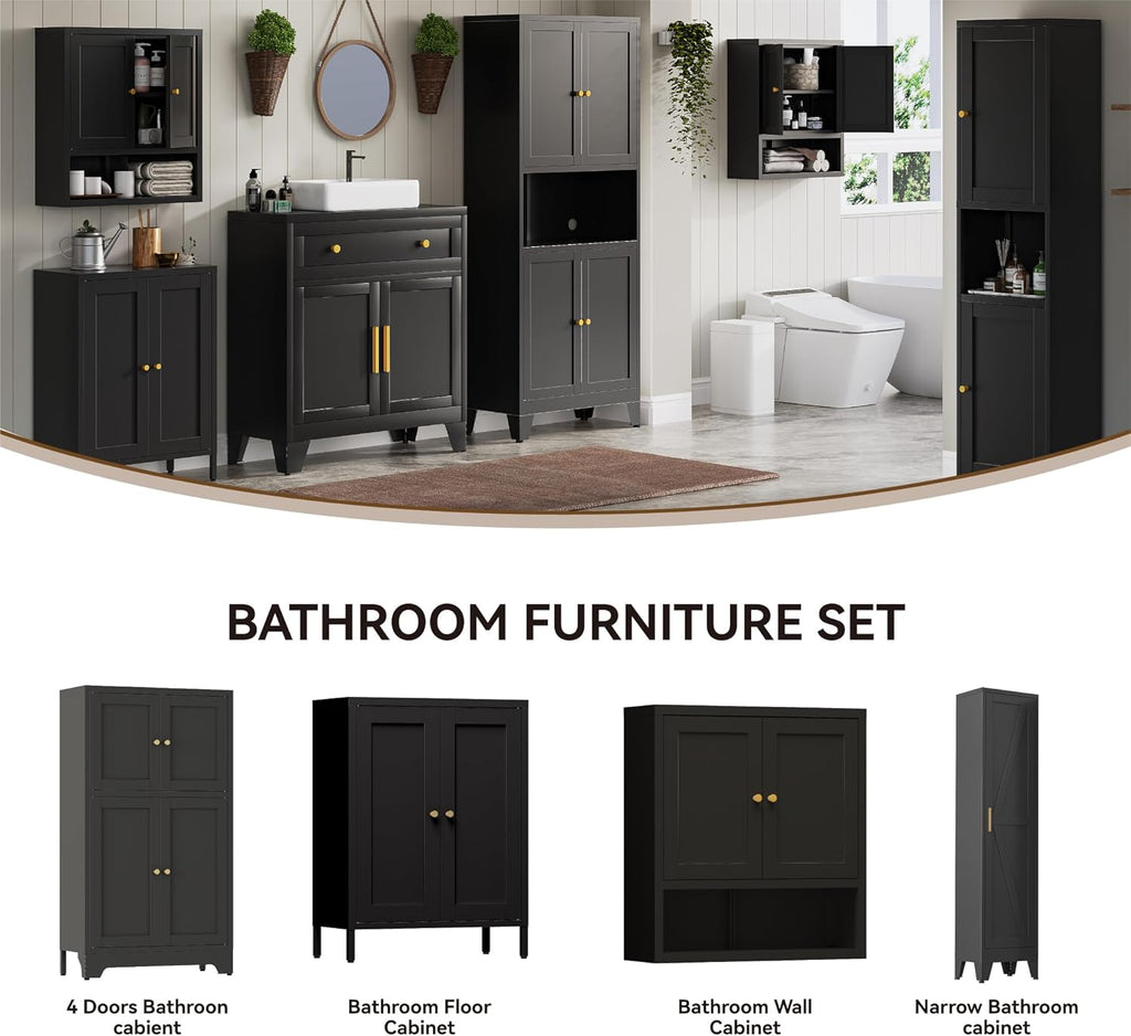YAUWOH Small Metal Cabinet,Bathroom Storage Cabinet with 2 Adjustable Shelves and 2 Doors,Freestanding Sideboard for Small Spaces, Living Room, Home Office, Dining Room(1PC,Black)