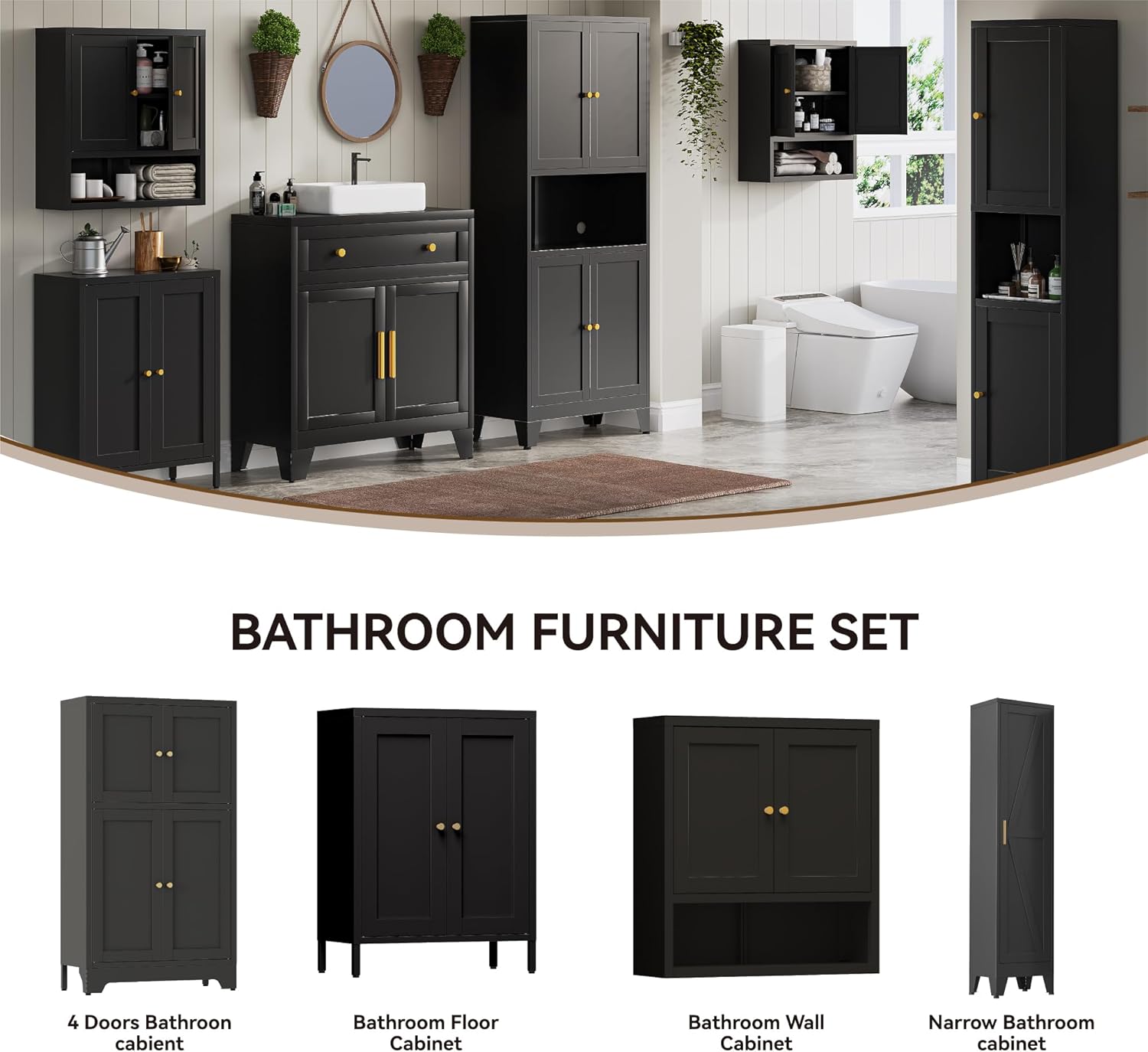 YAUWOH Small Metal Cabinet,Bathroom Storage Cabinet with 2 Adjustable Shelves and 2 Doors,Freestanding Sideboard for Small Spaces, Living Room, Home Office, Dining Room(1PC,Black)