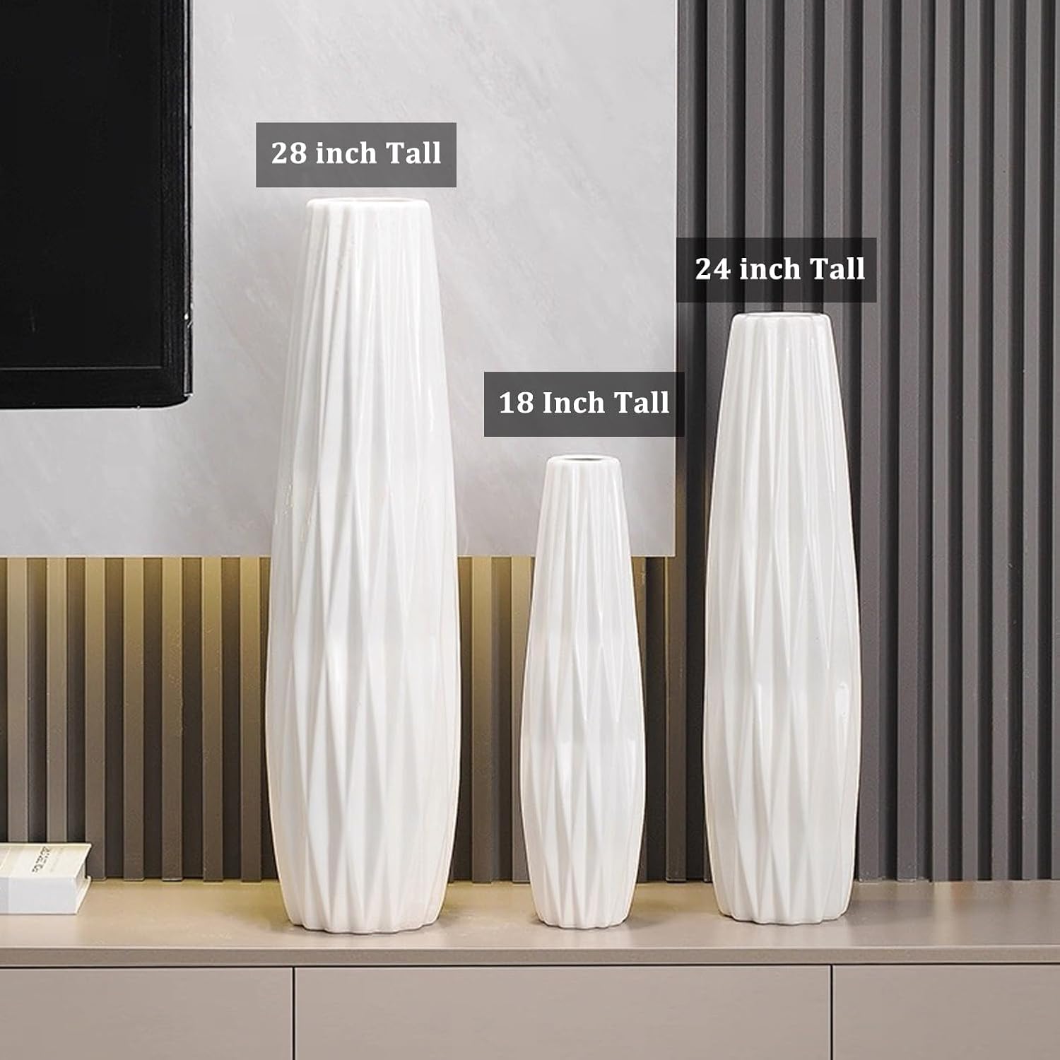 White Ceramic Vase, 18" Tall Vase for Floor Table Decorative Large Vases for Living Room Modern Home Decor Office Bedroom, Big Standing Flower Vase with Glossy Glaze