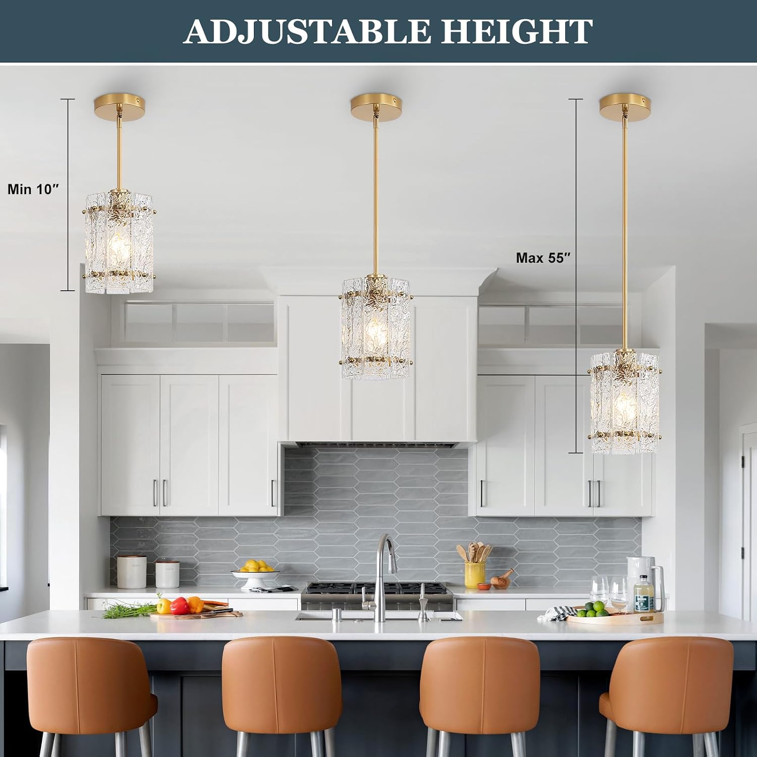 Gold Glass Pendant Lights Kitchen Island, Water Ripple Round Pendant Lights Adjustable Modern Hanging Pendant Light Fixtures for Kitchen Island Dining Room Above Sink Foyer Entryway 1 Pack
