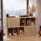 LELELINKY Large Record Player Stand - 39.5" Record Cabinet with Open Vinyl Storage Holds up to 400 Albums, Bohemian Vinyl Player Table with Rattan Doors, Turntable Stand for Living Room, Natural Oak