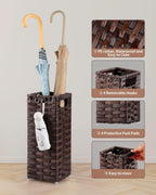 Rattan Umbrella Stand, Umbrella Holder for Entryway, Hand Woven Umbrella Rack Organizer Freestanding, with a Detachable Drip Tray, 4 Hooks, 6.5" L x 6.5" W x 16.5" H, Brown