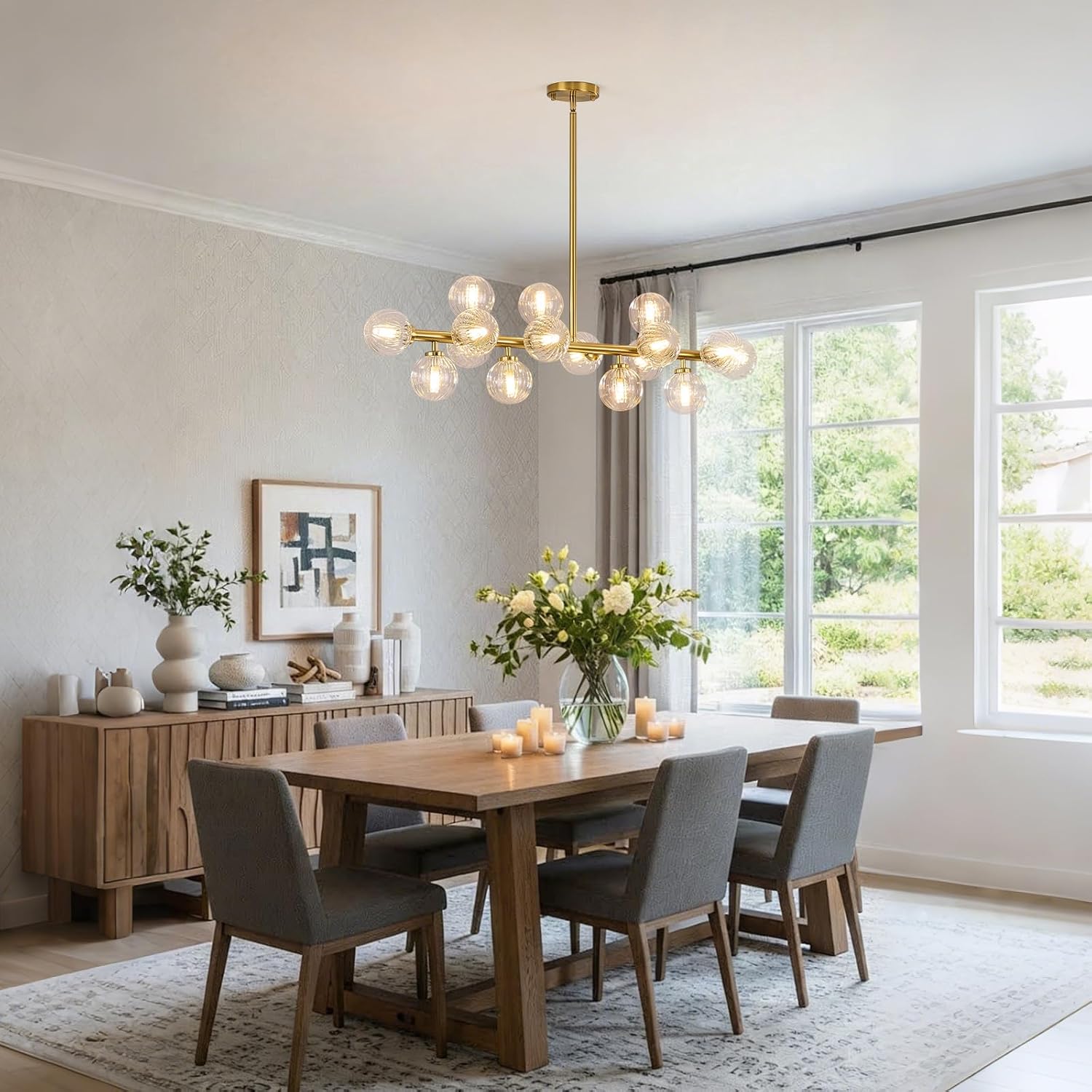 Mid Century Modern Glass Globe Sputnik Chandelier with Clear Bubble, 16-Light Large Linear Chandeliers for Dining Room Kitchen Island Living Room, Gold Dining Light Fixture Over Table