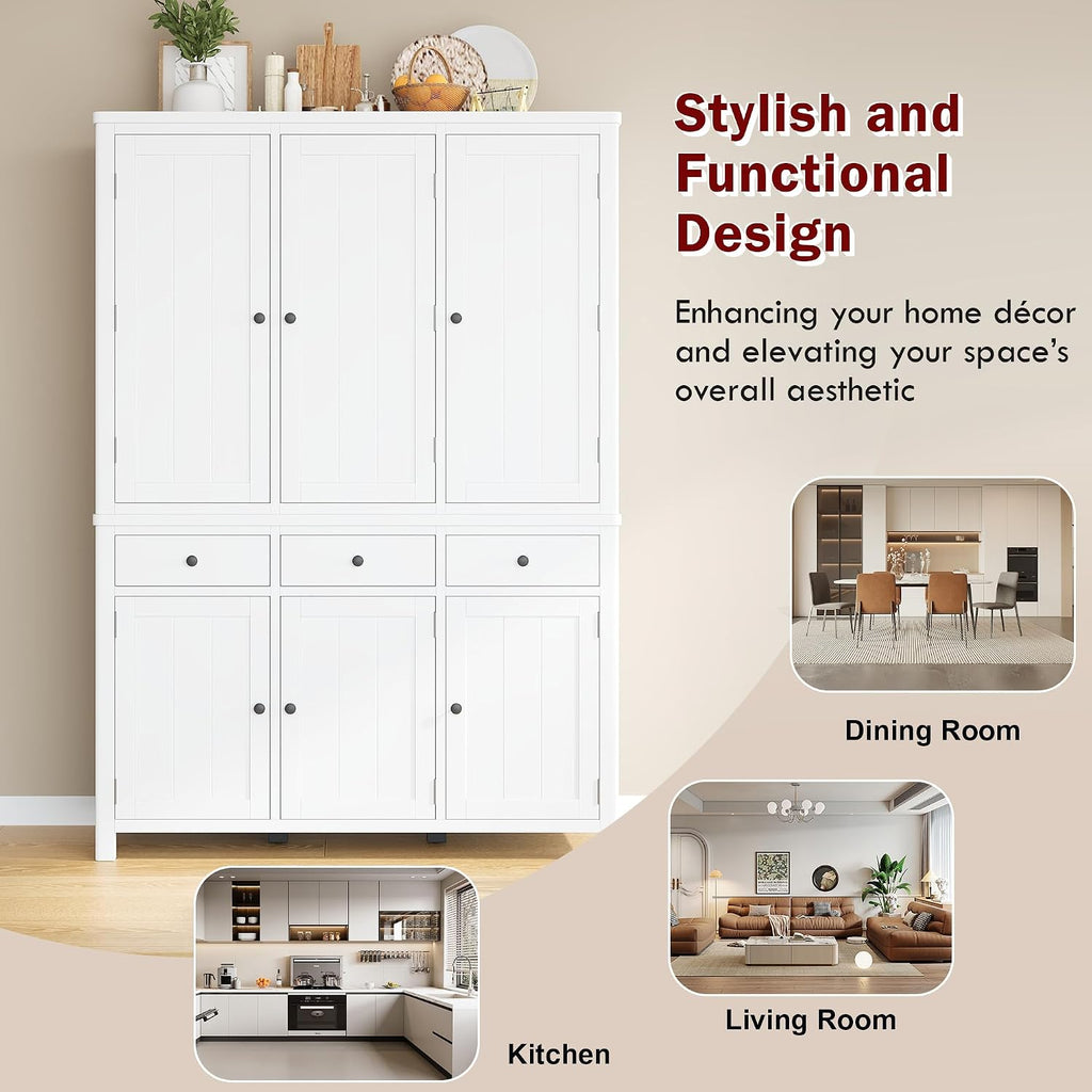 roomfitters 74.8" Kitchen Pantry Organizers and Storage Kitchen Cabinet, Storage Hutch with Door Spice Racks, 3 Drawers, White