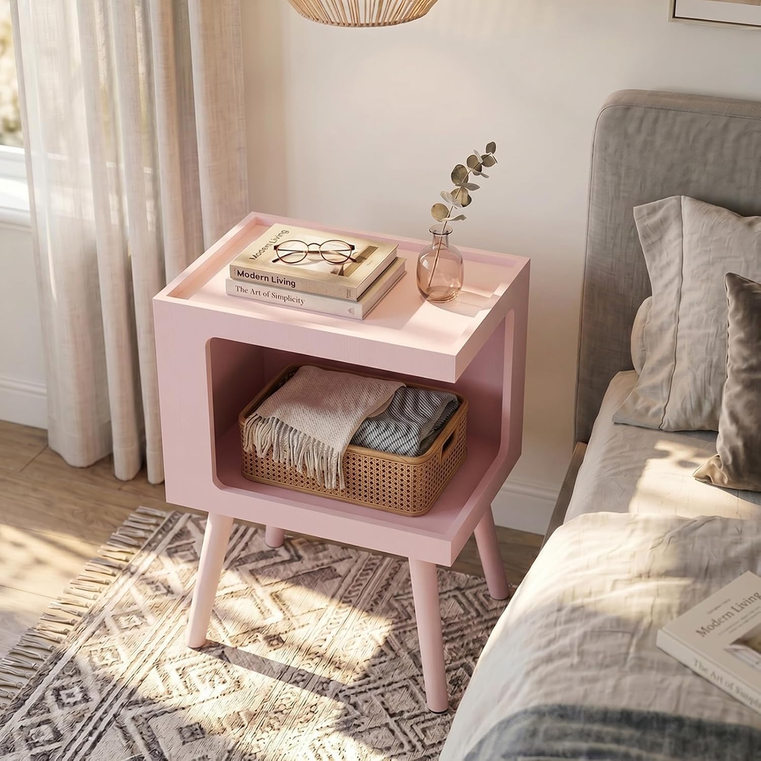 Nightstand,Pink Night Stand,Modern End Table with Open Storage,2-Tier Wooden End Side Table,Nursery Bedside Table for Small Space, Living Room, Bedroom