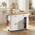 HOMCOM Kitchen Island Cart with Solid Wood Top, 44" Mobile Kitchen Island Table on Wheels with Storage Cabinets, 2 Drawers, Adjustable Shelves, Spice Rack & Towel Bar for Dining Room, White