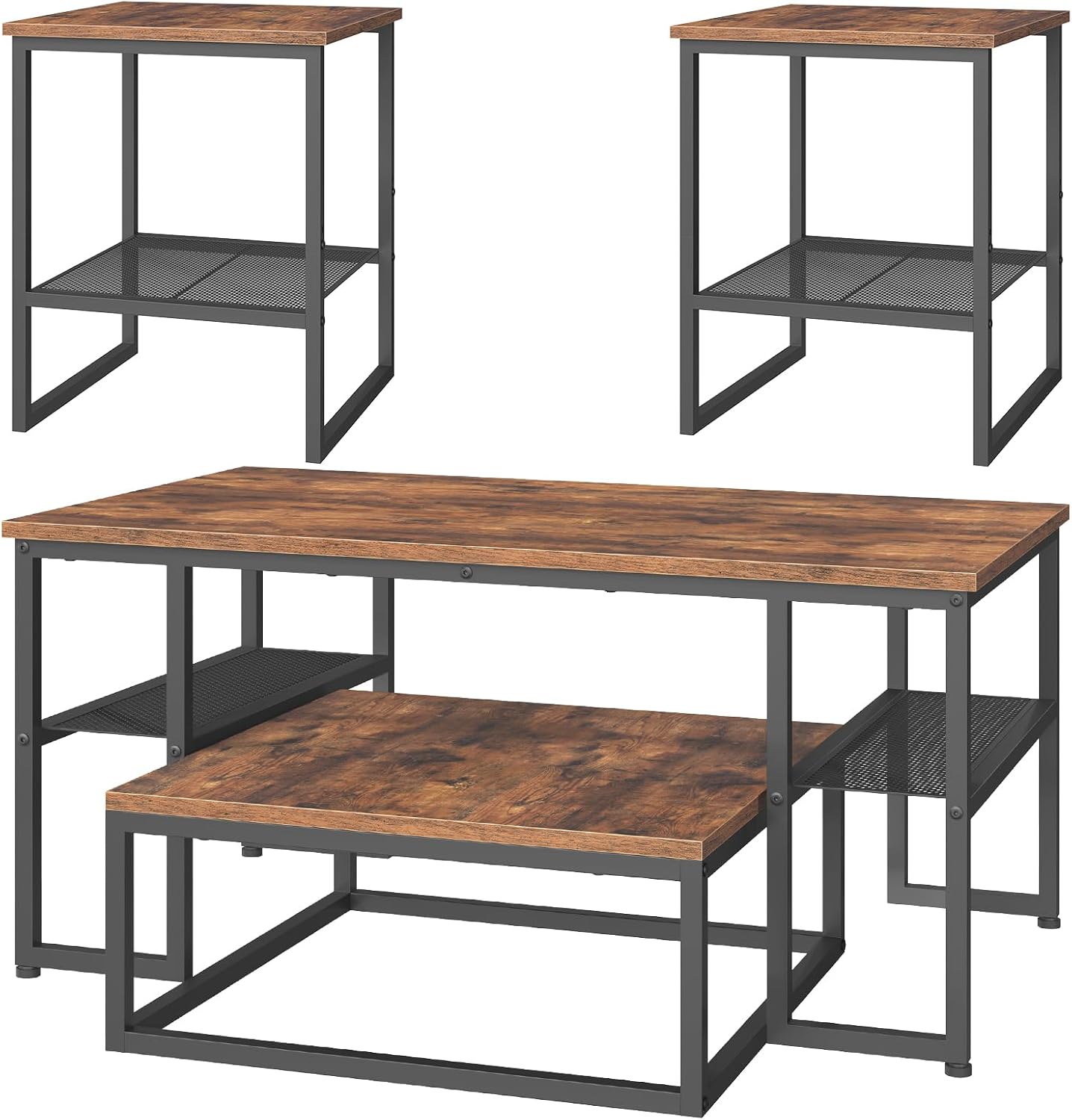 Coffee Table Set of 4, Nesting Coffee Table and 2 Side Tables | Industrial Square Coffee Table with Storage, Metal Frame, for Small Spaces, Apartment, Living Room, Rustic Brown and Black