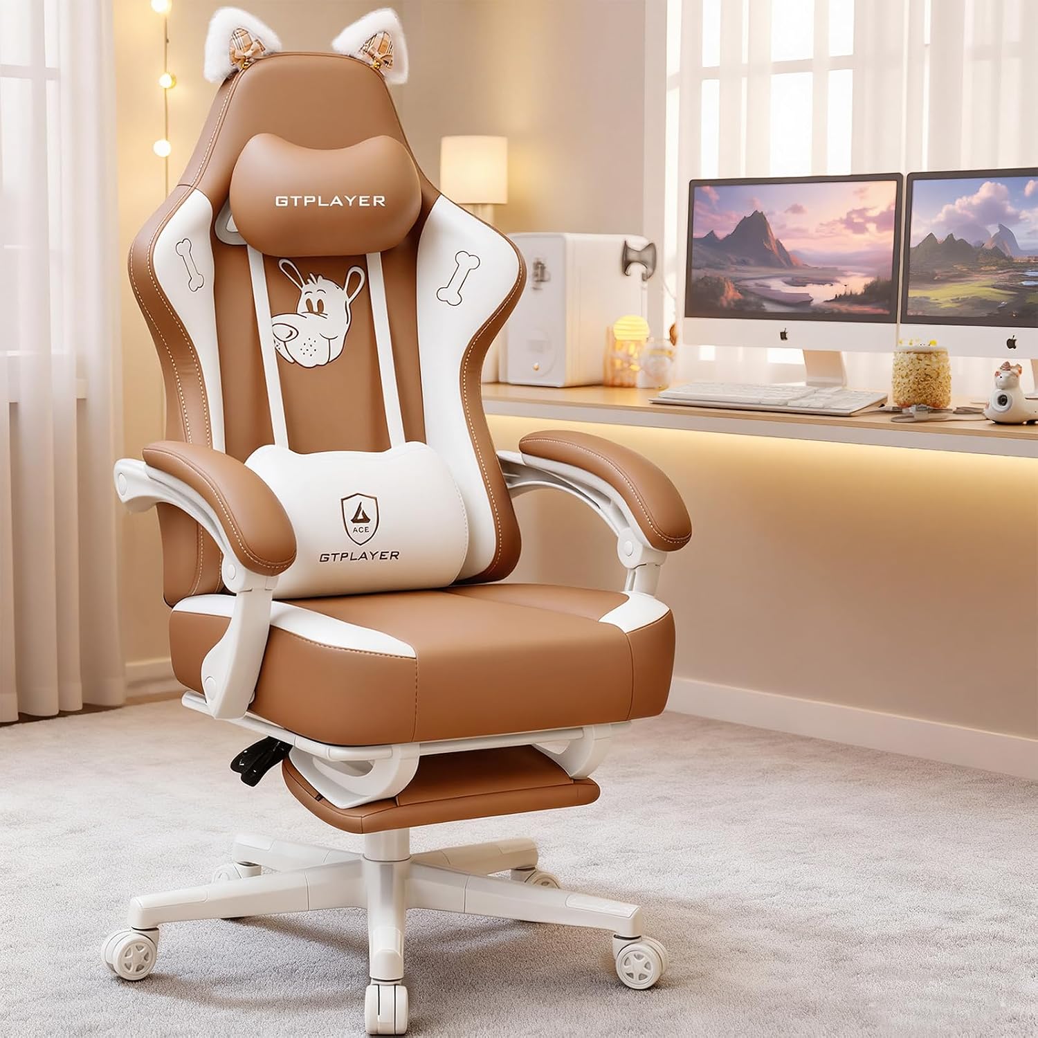 GTPOFFICE Cute Gaming Chair with Cat Ears, Ergonomic Computer Chair with Footrest Cat Paw Lumbar Support Comfortable Reclining Game Chair Desk Chair for Adult Teens, Soft Fabric, Russet Brown
