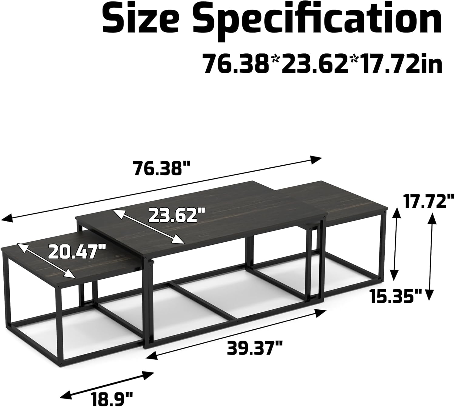 Nesting Coffee Tables,3 Piece Living Room Coffee Table,Industrial Rectangular Coffee Table Set,End Table Side Tables for Living Room Bedroom(Black)
