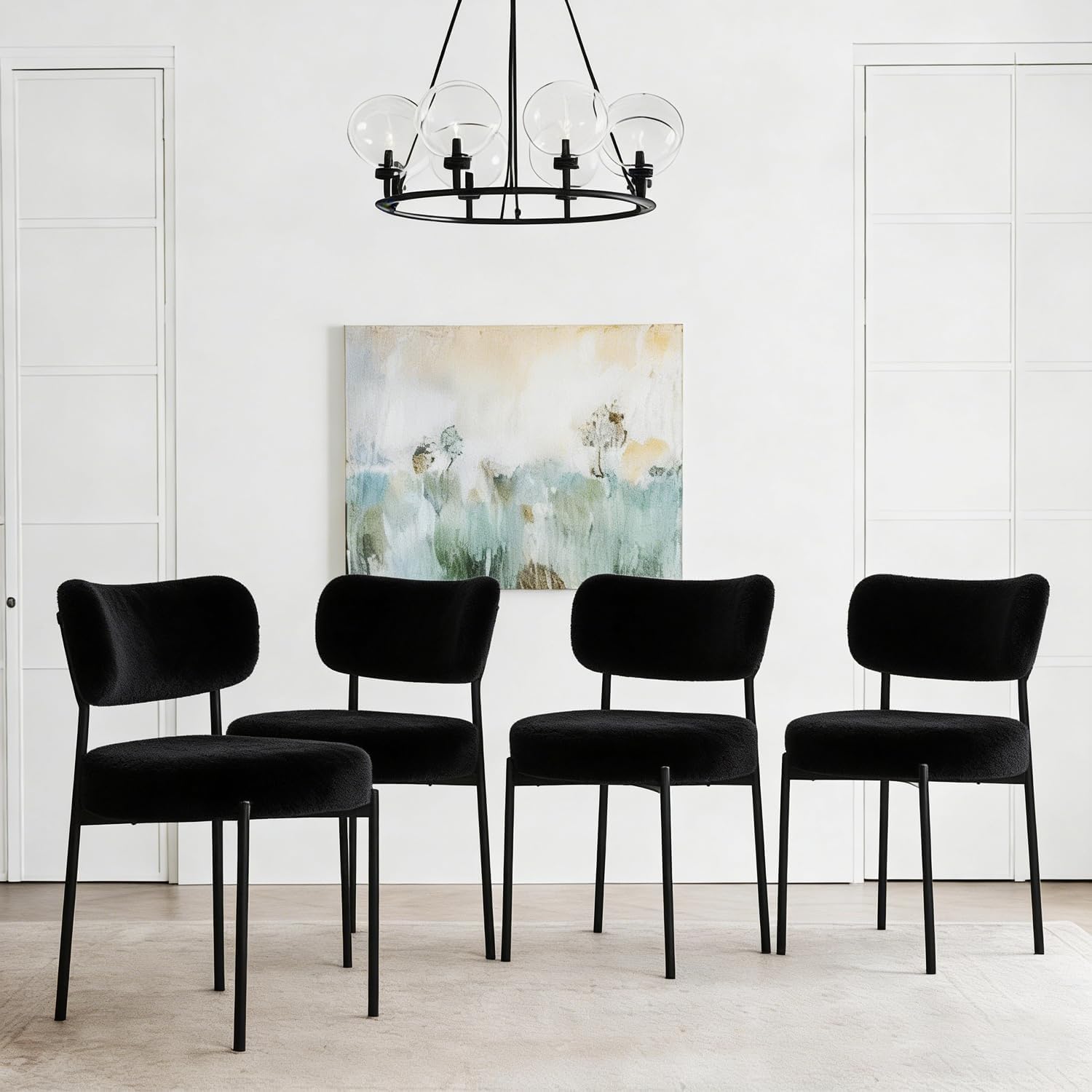 Black Boucle Dining Chairs Set of 4, Upholstered Dinner Chair with Metal Frame, Dining Room Chairs with Padded Seat, Round Modern Seating for Living Room