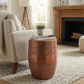 Modern Round Aluminum Hammered Embossed Texturing Metal End Table, Hand-Stamped Iron, Boho Accent Side Table, Drum Shaped, for the Living Room and Bedroom, Copper