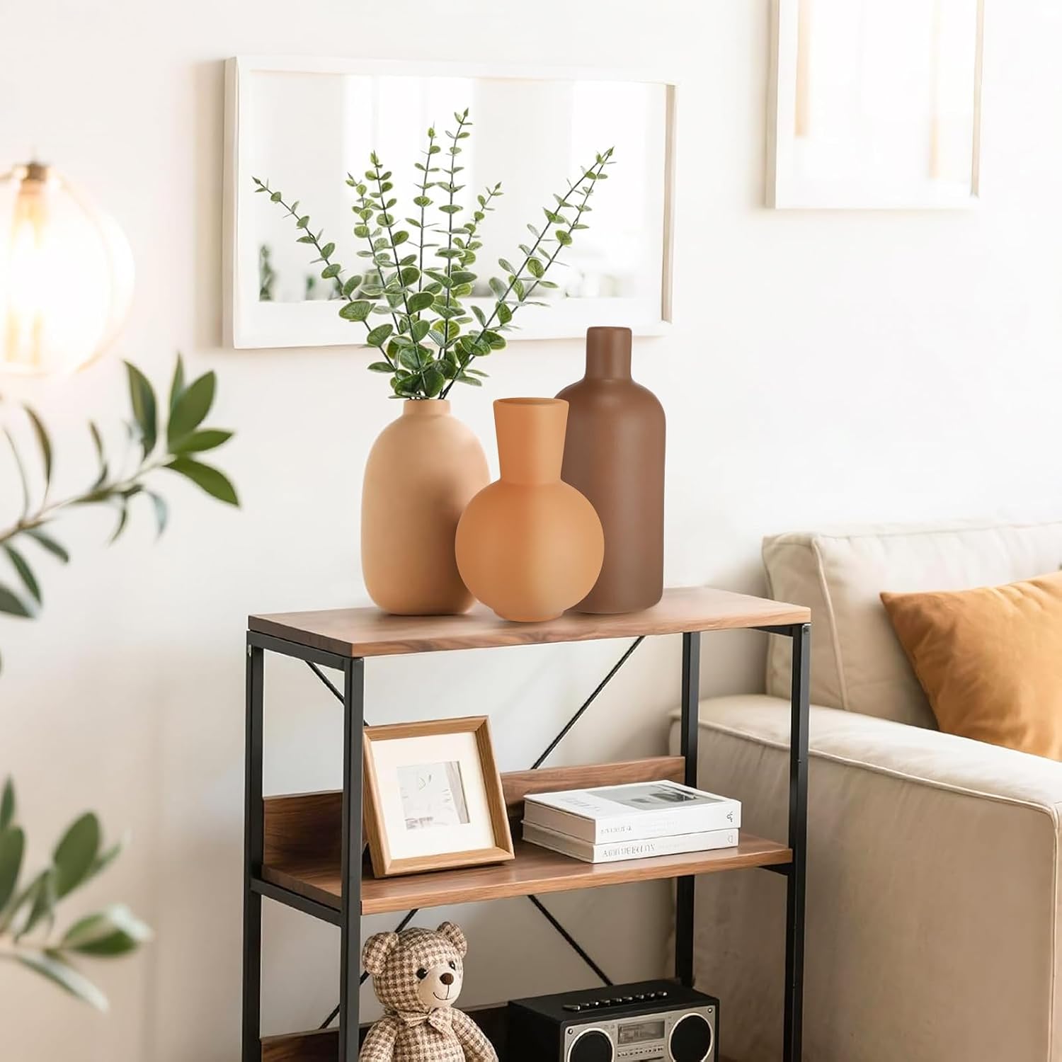 3 Pcs Ceramic Vases for Pampas Grass Modern Terracotta Vase Brown for Home Decor Round Matte Boho for Table Decor Living Room Minimalist Nordic Centerpiece Decorations, 7.1", 5.8", 4.9"