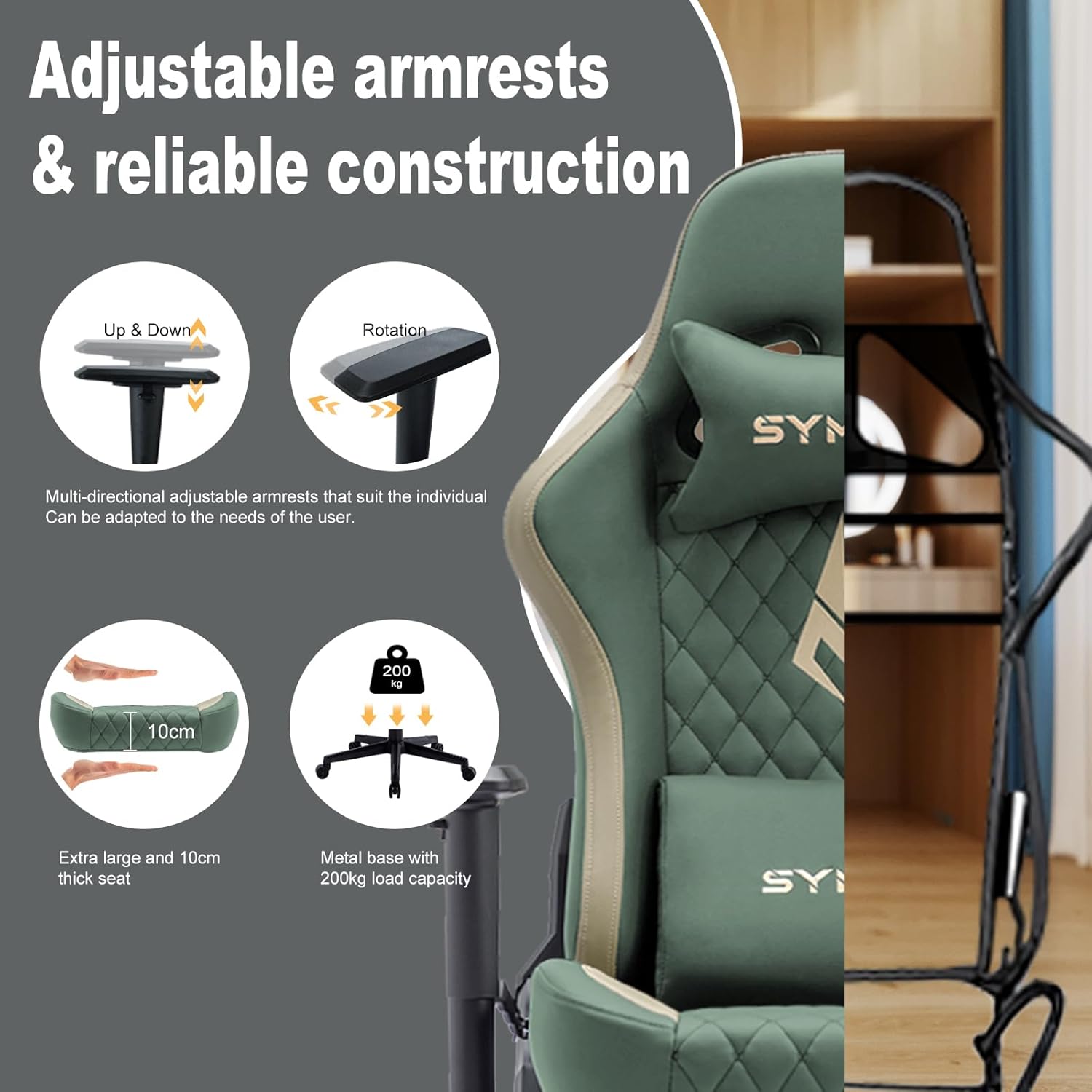 Symino Gaming Chair with Foot Rest, 2D Armrests PU Leather High Back Ergonomic Office Chair, 150° Recline Computer Desk Chair, Diamond Stitching, Green