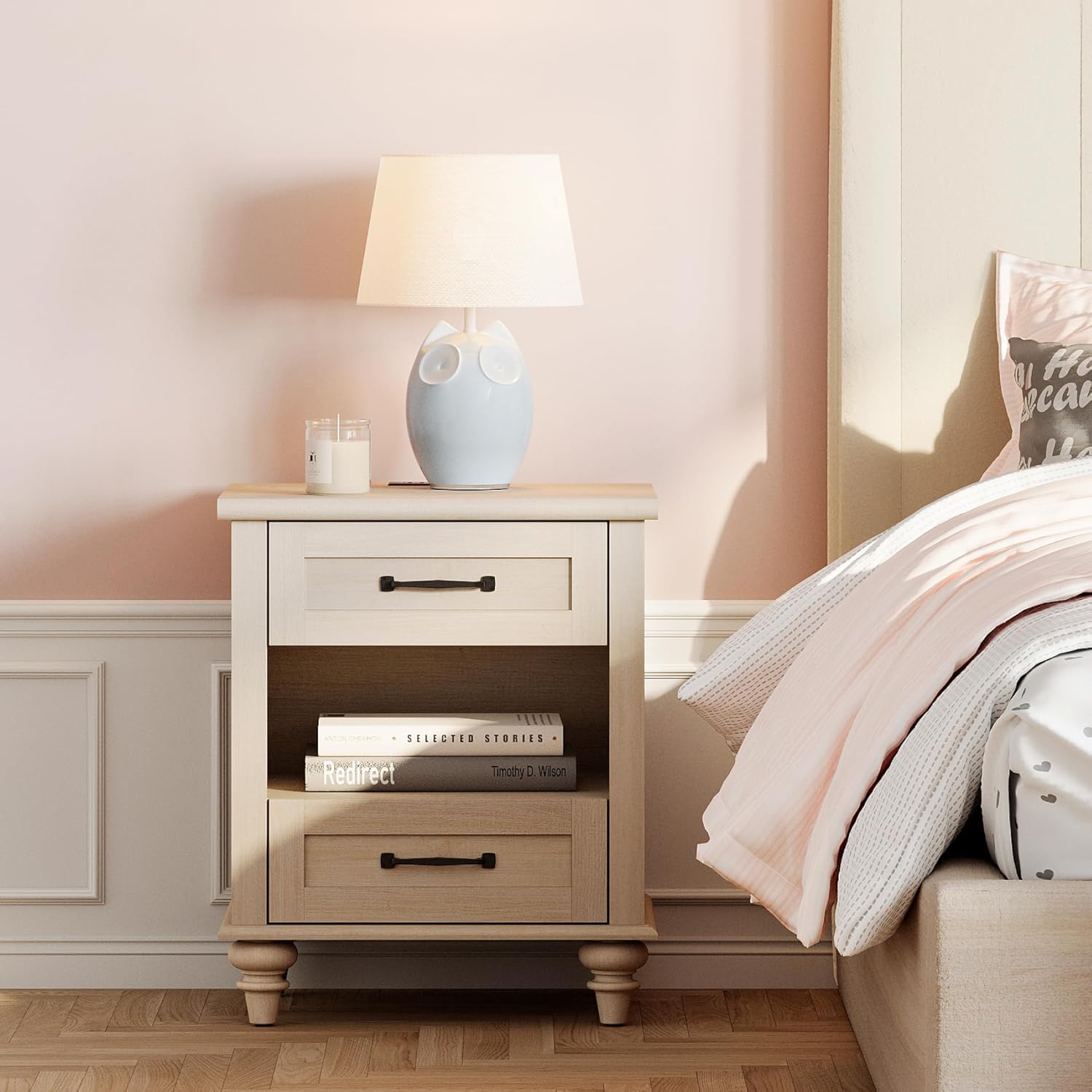 WAMPAT Beige Side Table with Charging Station, Elegant Nightstand for Bedroom with 2 Drawers & Open Shelf, Wooden End Table Bedside Table for Living Room, Kids Room