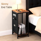 Small Narrow Side Table,Slim End Table with Storage Pockets for Small Spaces,Living Room,Bedroom,Sofa Couch,Office,Skinny Nightstands with 2 Tiers Open Storage,Rustic Brown
