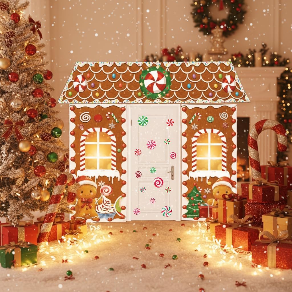 Christmas Decorations Gingerbread Man Scene Gingerbread Man House Backdrops Long LED String Light Candy Stickers Christmas Backdrop for Party & Wall Deco