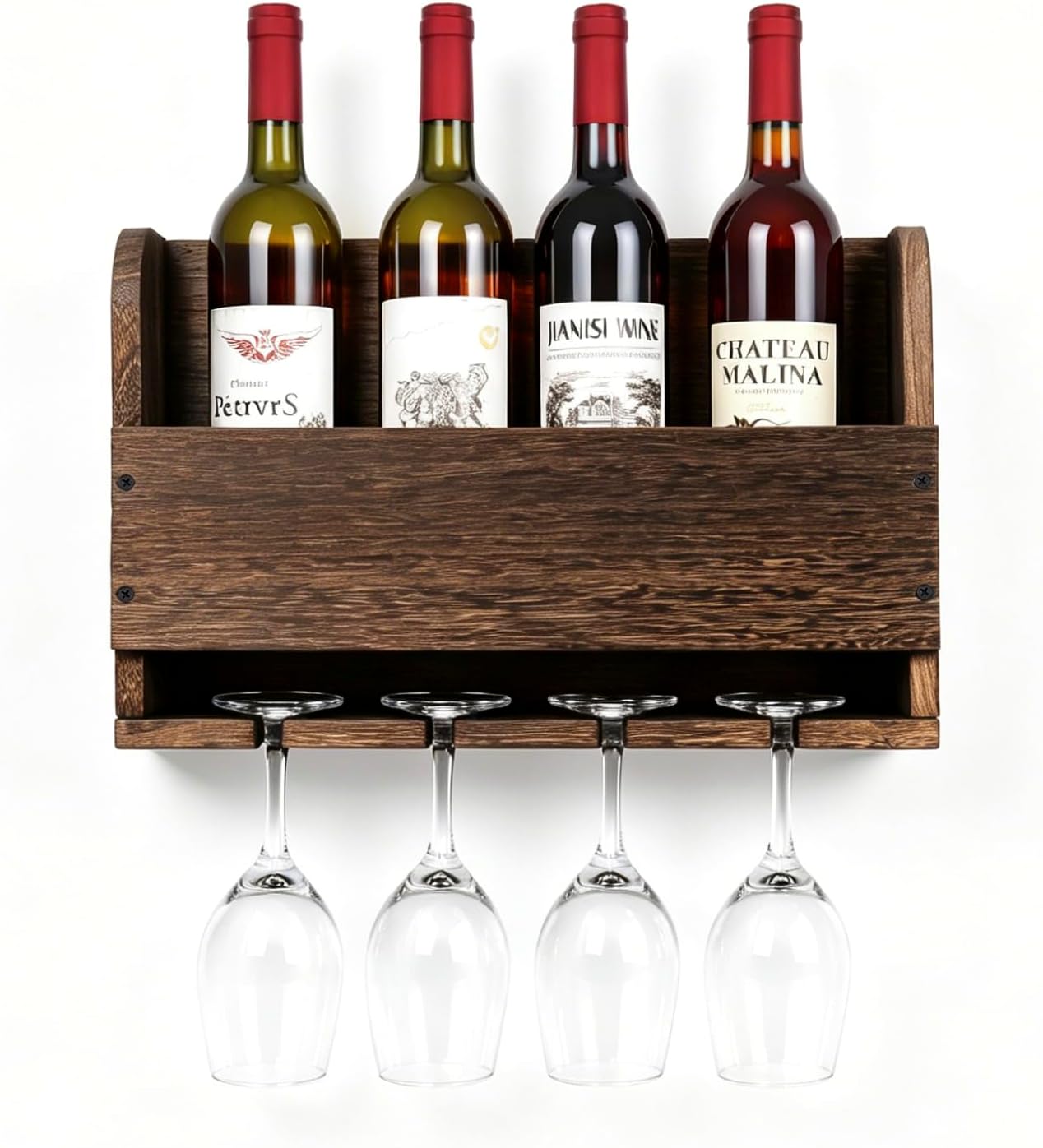Wall Mounted Wooden Wine Rack with Glass Hanger | Wine Bottle Storage Shelf, Rustic Wall Wine Holder for Home Bar, Kitchen, Dining Room Farmhouse Decoration