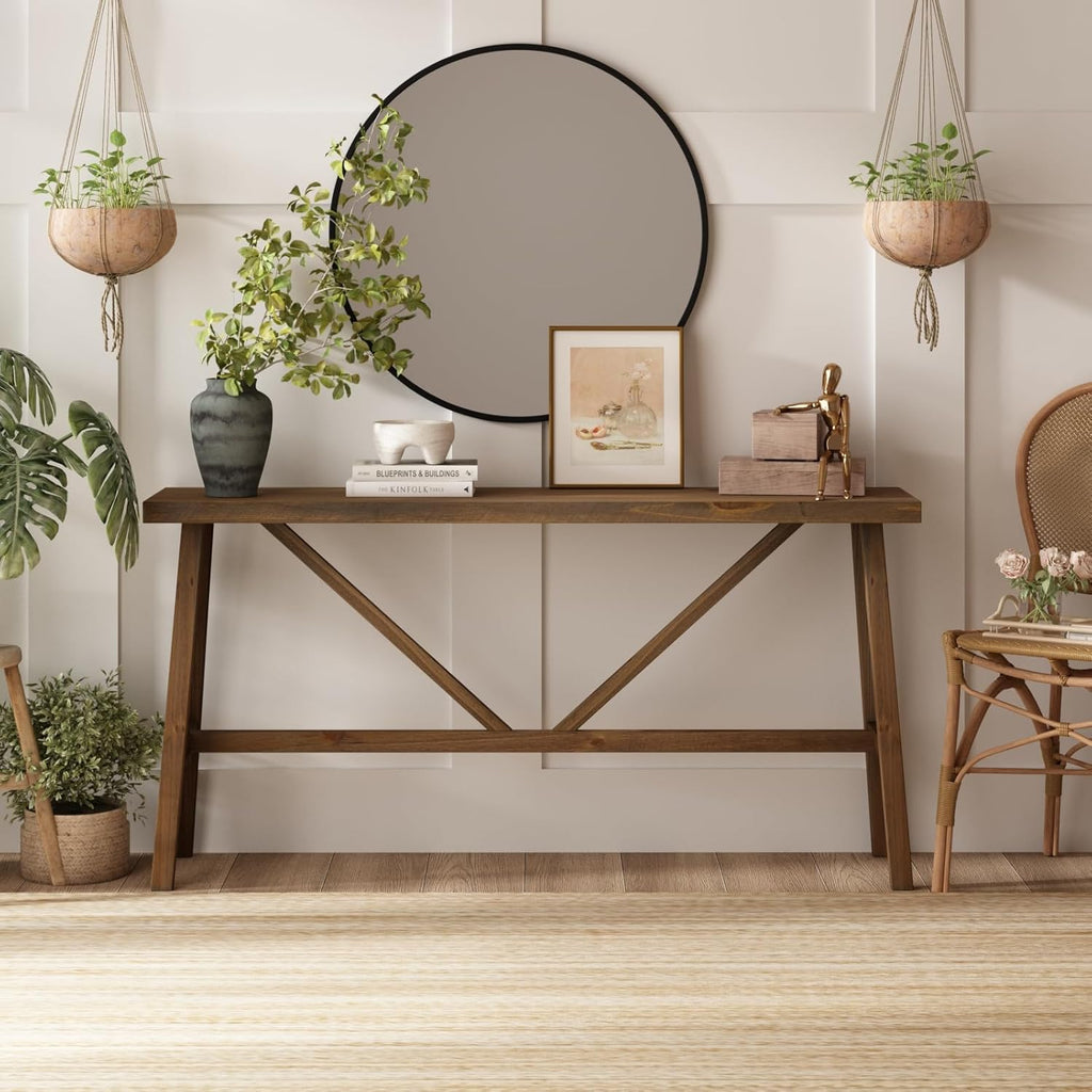 Wnutrees 63" Farmhouse Solid Wood Console Tables, Rustic Hallway Table, Solid Firwood Sofa Table for Entryway, Living Room, Easy Assembly, Natural