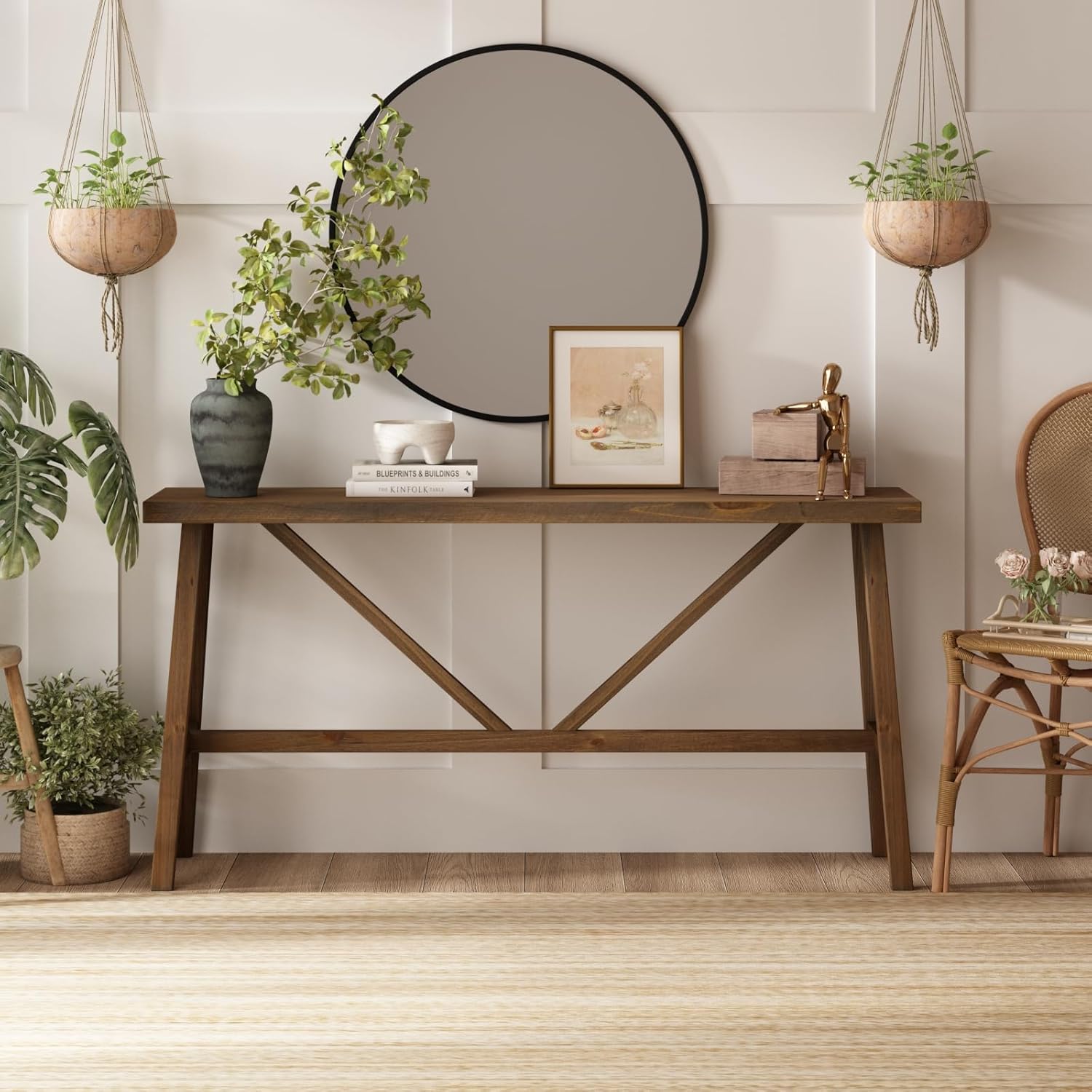 Wnutrees 63" Farmhouse Solid Wood Console Tables, Rustic Hallway Table, Solid Firwood Sofa Table for Entryway, Living Room, Easy Assembly, Natural