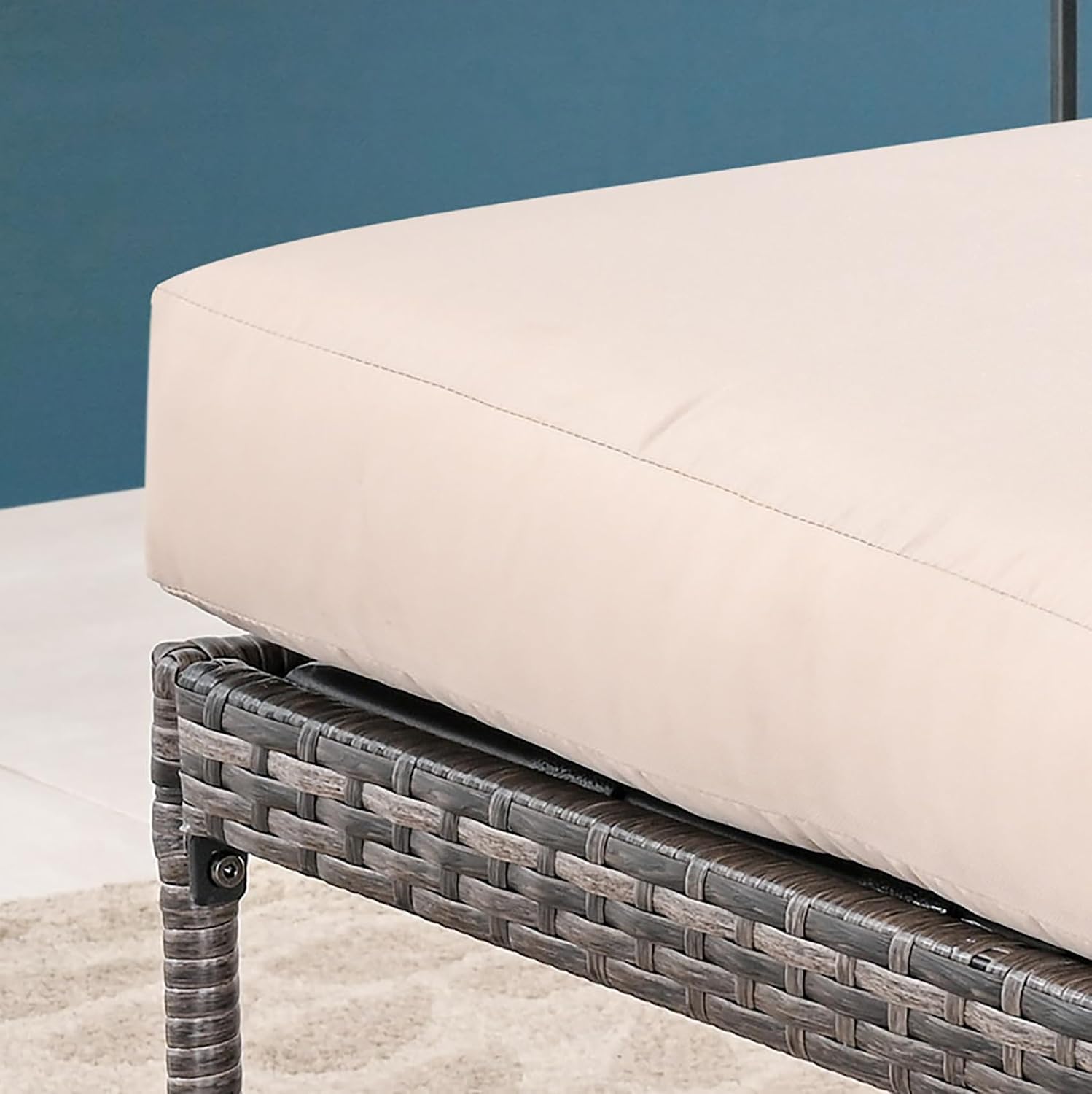 Outdoor Cushioned Ottoman Metal Patio Furniture Ottoman with Beige Cushion Steel Frame
