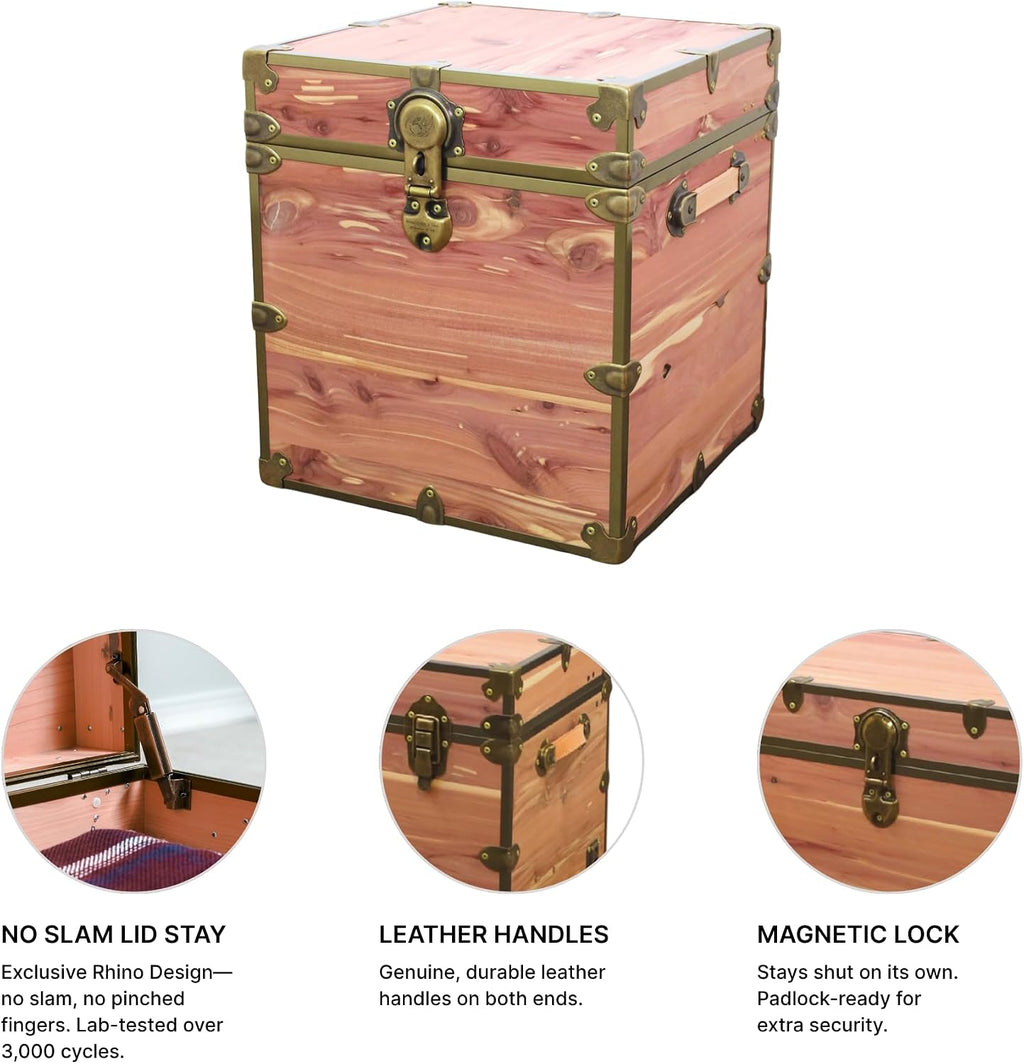 Rhino Trunk & Case Knotty Cedar Chest with Antique Brass Hardware – 18"x18"x20" Cube Storage Box, Coffee Table, End of Bed Trunk or Entryway Storage Bench Furniture – USA-Made, Heirloom Aesthetic