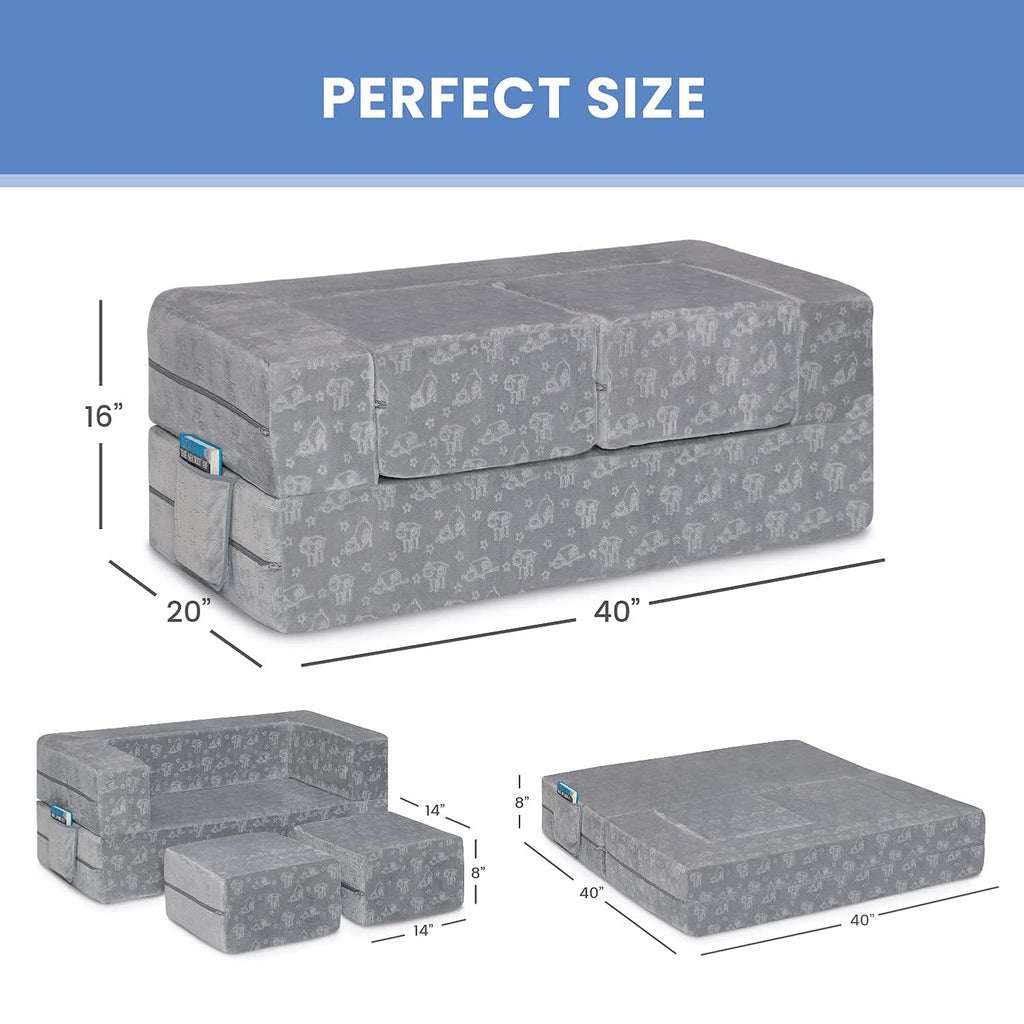 Delta Children Serta Perfect Sleeper Convertible Sofa & Play Set for Kids and Toddlers, Modular Foam Couch and Flip Out Lounger with 2 Ottomans, Grey
