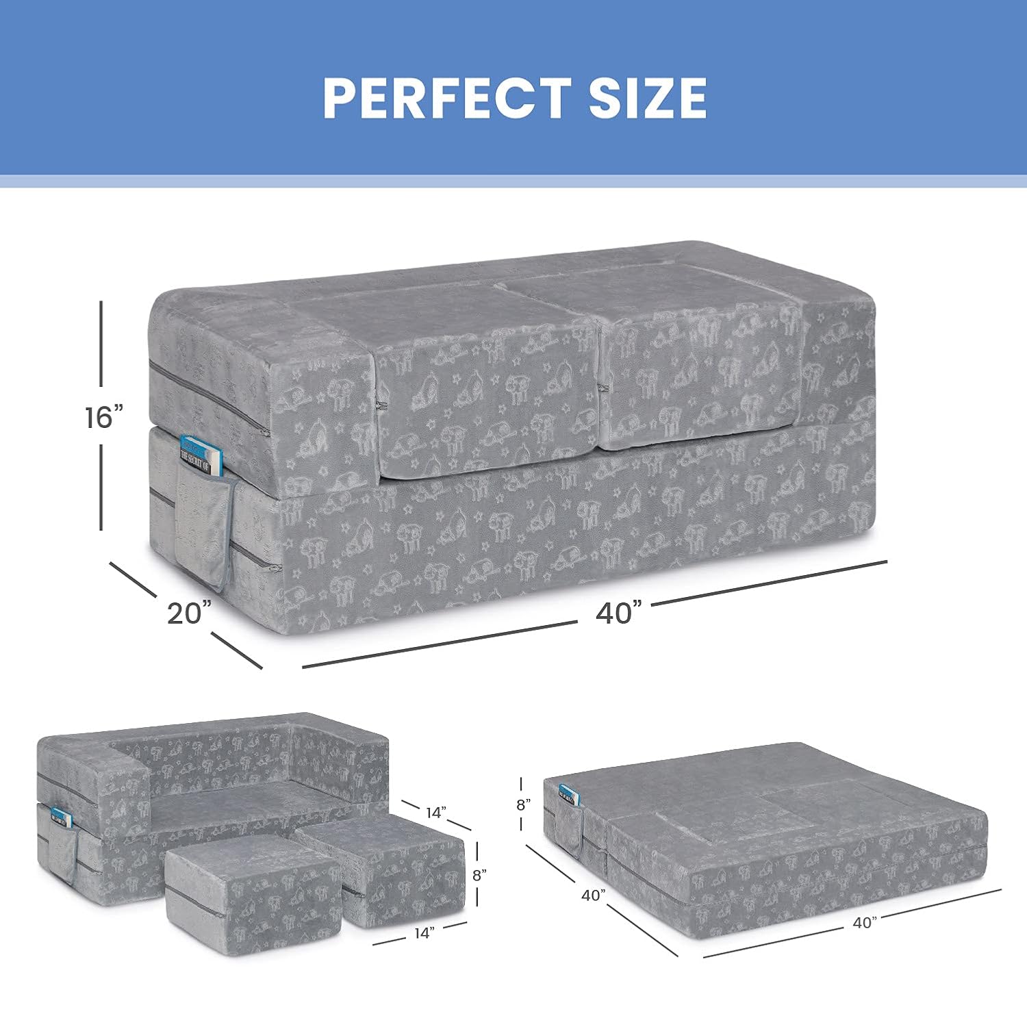Delta Children Serta Perfect Sleeper Convertible Sofa & Play Set for Kids and Toddlers, Modular Foam Couch and Flip Out Lounger with 2 Ottomans, Grey