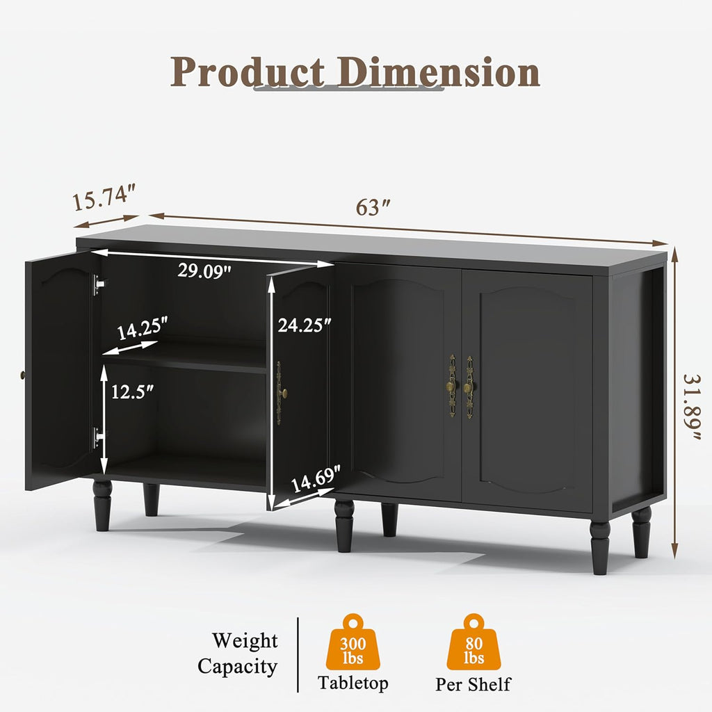 fineway 63" Sideboard Buffet Cabinet, Mid Century Modern Credenza Storage Cabinet with Adjustable Shelves & Carved Handles, Large Kitchen Buffet Table Coffee Bar for Dining Room & Living Room - Black