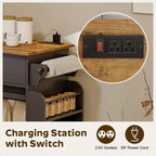 YATINEY Kitchen Island with Storage, Mobile Kitchen Cart with Charging Station, Kitchen Island on Wheels, Rolling Island Table with Sliding Cabinet Door, Black and Rustic Brown ZD01UBR
