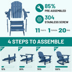 PLUUV Folding Adjustable Adirondack Rocking Chair Set of 2 with Retractable Ottoman and Cup Holders, Outdoor HDPE Adirondack Rocker Patio Chair, Wood-Like Reclining Adirondack Chair, Navy