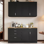Timechee Large Kitchen Pantry Storage Cabinet Set with Wall Cupboard, Freestanding Food Pantry Cabinet for Kitchen with 6 Doors & 5 Drawers, Sideboards with Storage for Living Room, Black, 63" W
