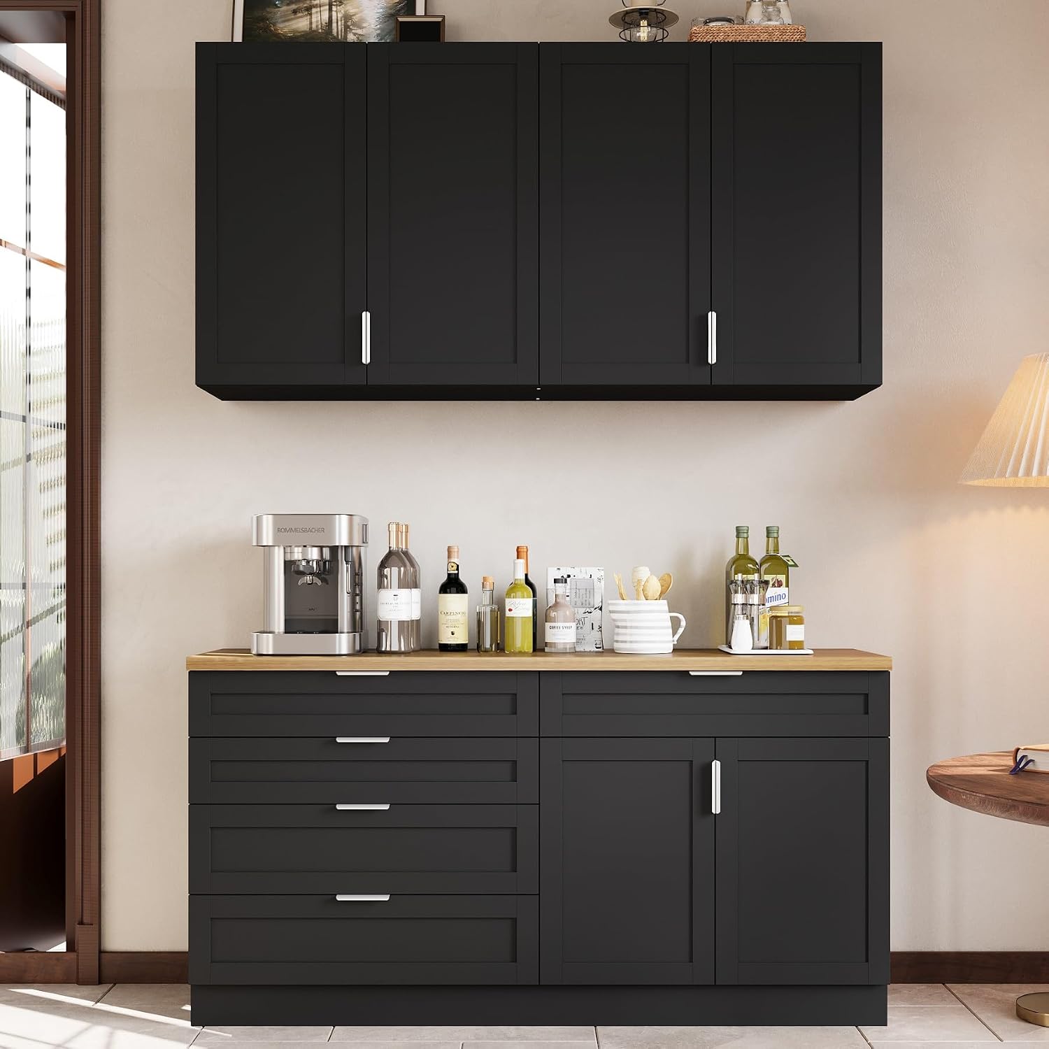 Timechee Large Kitchen Pantry Storage Cabinet Set with Wall Cupboard, Freestanding Food Pantry Cabinet for Kitchen with 6 Doors & 5 Drawers, Sideboards with Storage for Living Room, Black, 63" W