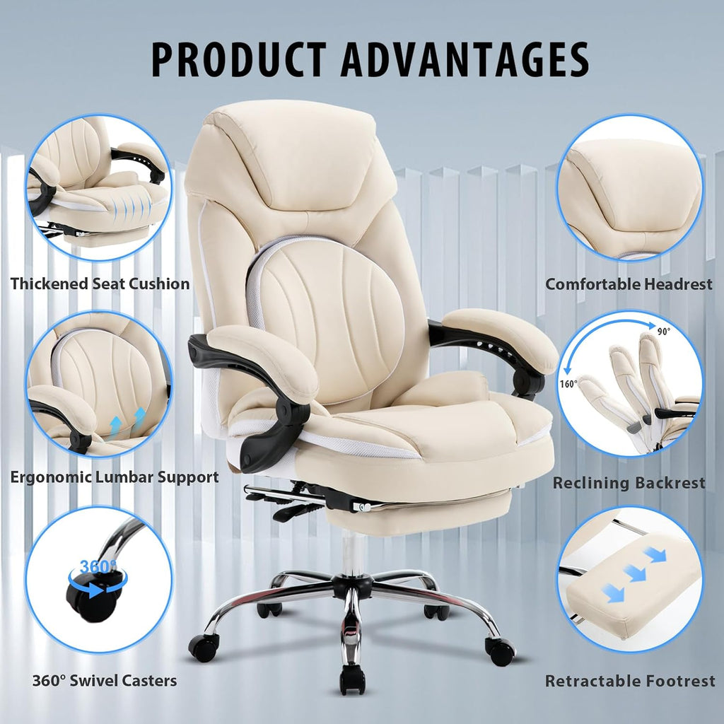 Comfortable Office Desk Chair with Foot Leg Rest, PU Leather Ergonomic Reclining Office Chair with Footrest Back Lumbar Support, Beige