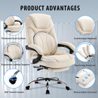 Comfortable Office Desk Chair with Foot Leg Rest, PU Leather Ergonomic Reclining Office Chair with Footrest Back Lumbar Support, Beige