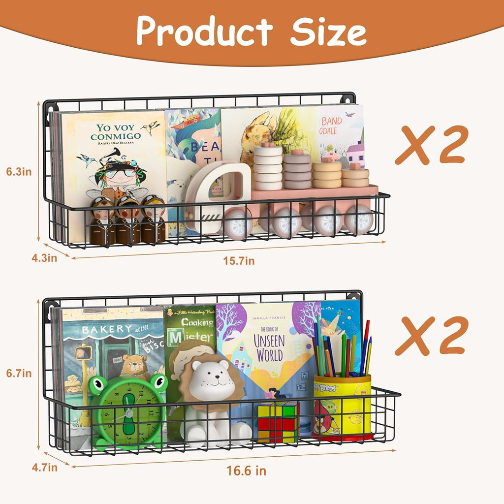 X-cosrack 4-Pack Wall Mounted Metal Kids Bookshelf, Floating Book Shelves for Kids Nursery Toddler Classroom, Hanging Book Shelf Organizer for Room Decor, Black