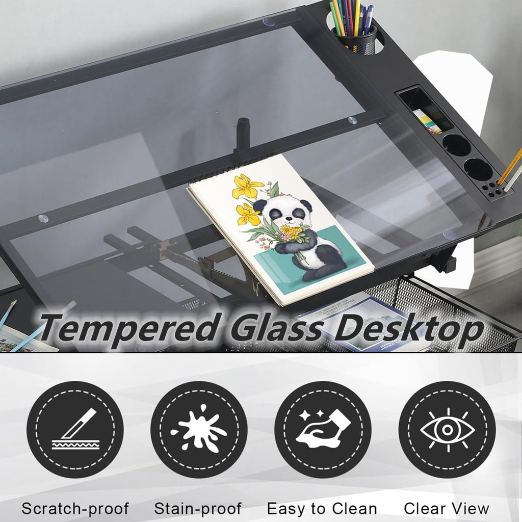 Drafting Table with Stool, Upgraded Height Adjustable Drawing Desk Art Table Drafting Desk with 0-75° Tilting Glass Tabletop and More Storage for Home Office, Type 2-Black