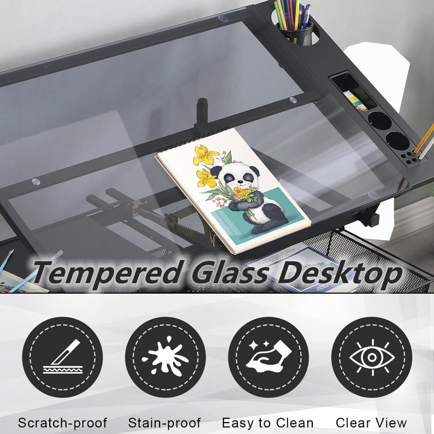 Drafting Table with Stool, Upgraded Height Adjustable Drawing Desk Art Table Drafting Desk with 0-75° Tilting Glass Tabletop and More Storage for Home Office, Type 2-Black