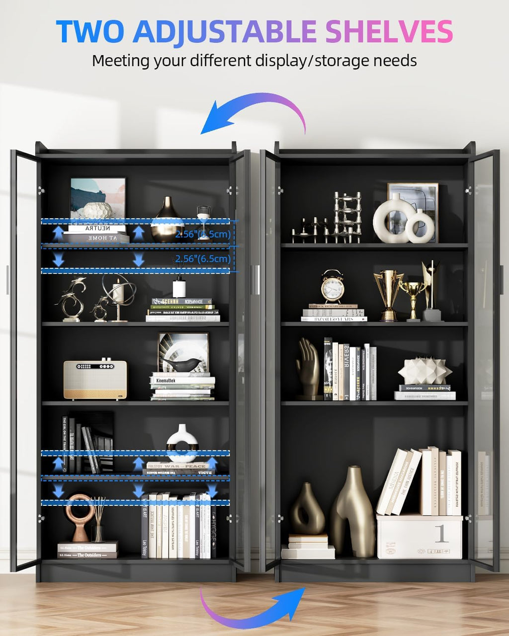 Dystler 65" Display Cabinet with Glass Doors, 5-Tier Curio Cabinet with Motion Sensor RGB Lights, Modern Display Case with Adjustable Shelves for Collectibles, Figures, Books, Black
