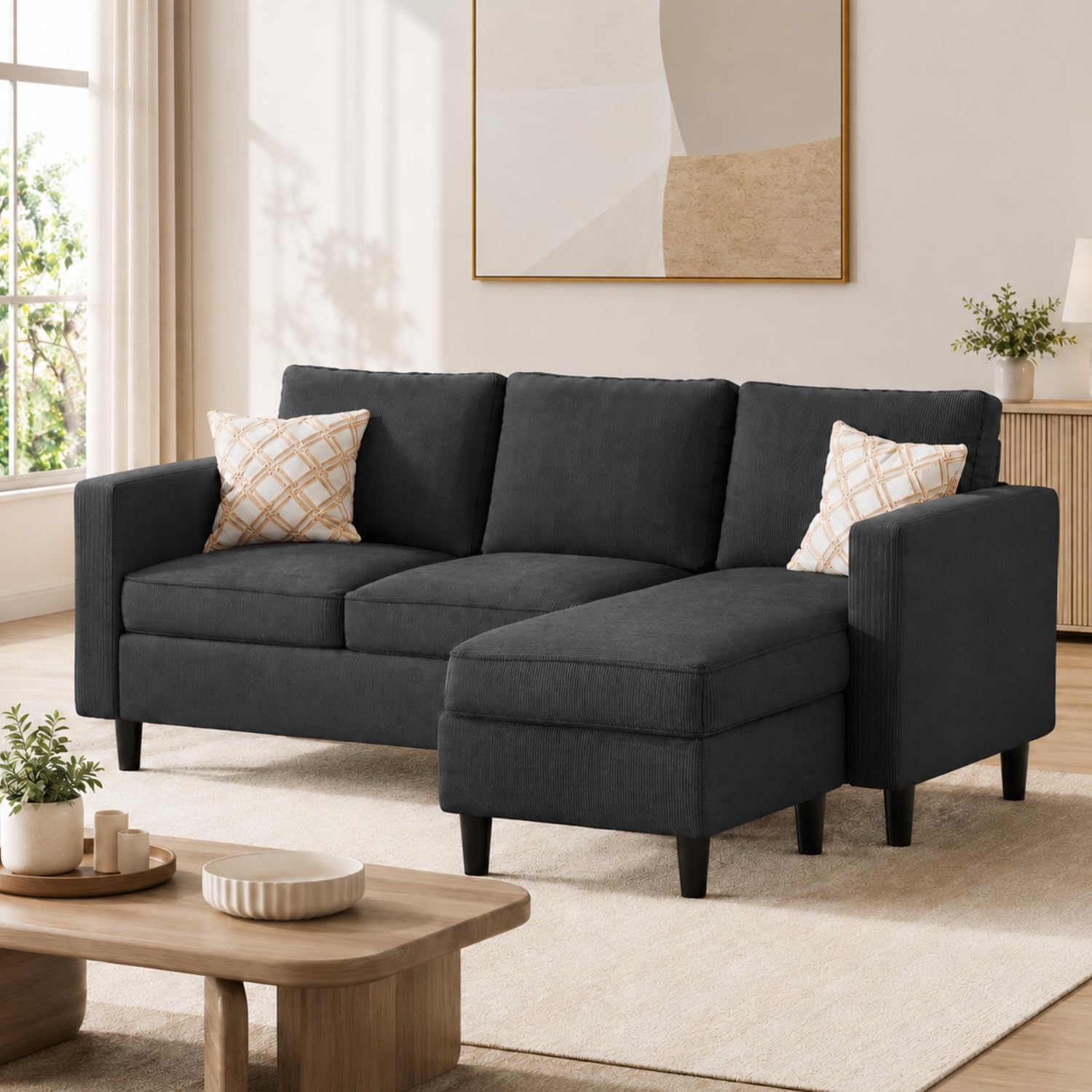 73.6" Convertible Sectional Sofa Couch with Reversible Ottoman, Modern 3-Seater L-Shaped Couch for Small Spaces, Compact Sofa for Studio Apartment, Living Room & Office, Easy Assembly (Gray)
