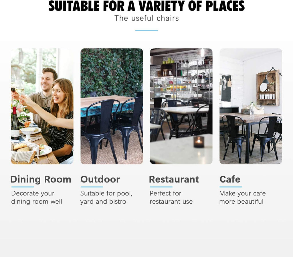 Flamaker Metal Dining Chairs Indoor-Outdoor Use Stackable Side Chairs with Back Industrial Kitchen Classic Trattoria Chair Set of 4 (Black)