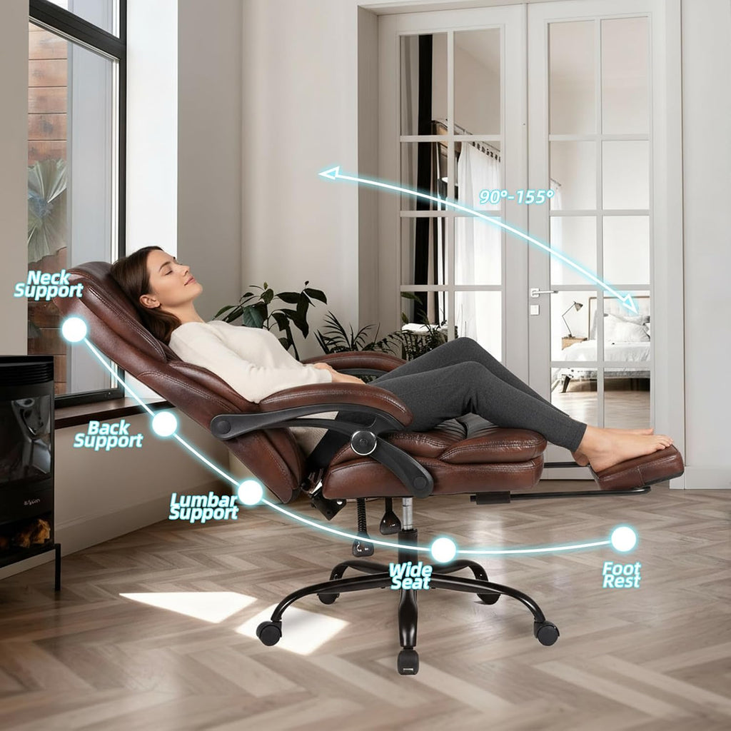 Big and Tall Office Desk Chair, Executive Office Chair with Foot Rest, PU Leather Comfy Reclining Office Chairs for Heavy People, Wide Ergonomic High-Back Computer Chairs, Brown
