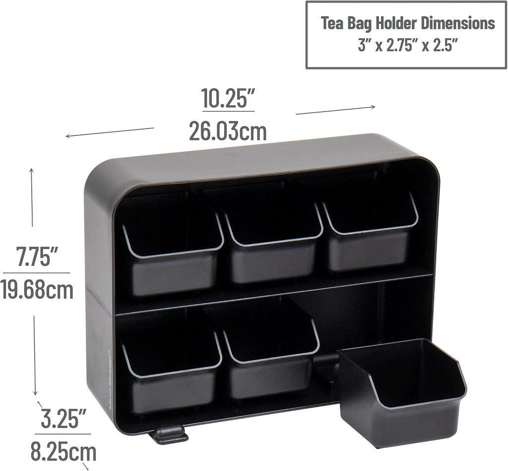 Mind Reader Tea Bag Organizer, Tea Station Organizer, Countertop Storage, Kitchen, Plastic, 10.25"L x 3.25"W x 7.75"H, Black
