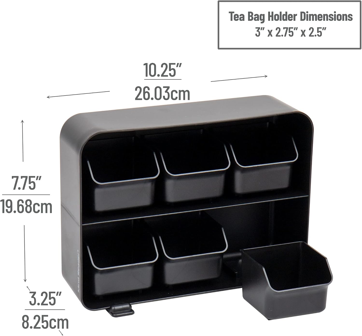 Mind Reader Tea Bag Organizer, Tea Station Organizer, Countertop Storage, Kitchen, Plastic, 10.25"L x 3.25"W x 7.75"H, Black
